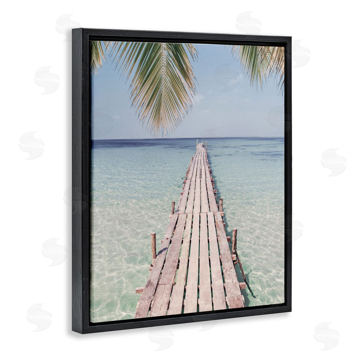 Tropical Dock on Beach Black Floating Frame Canvas Wall Art, Home Decor by Sisi and Seb