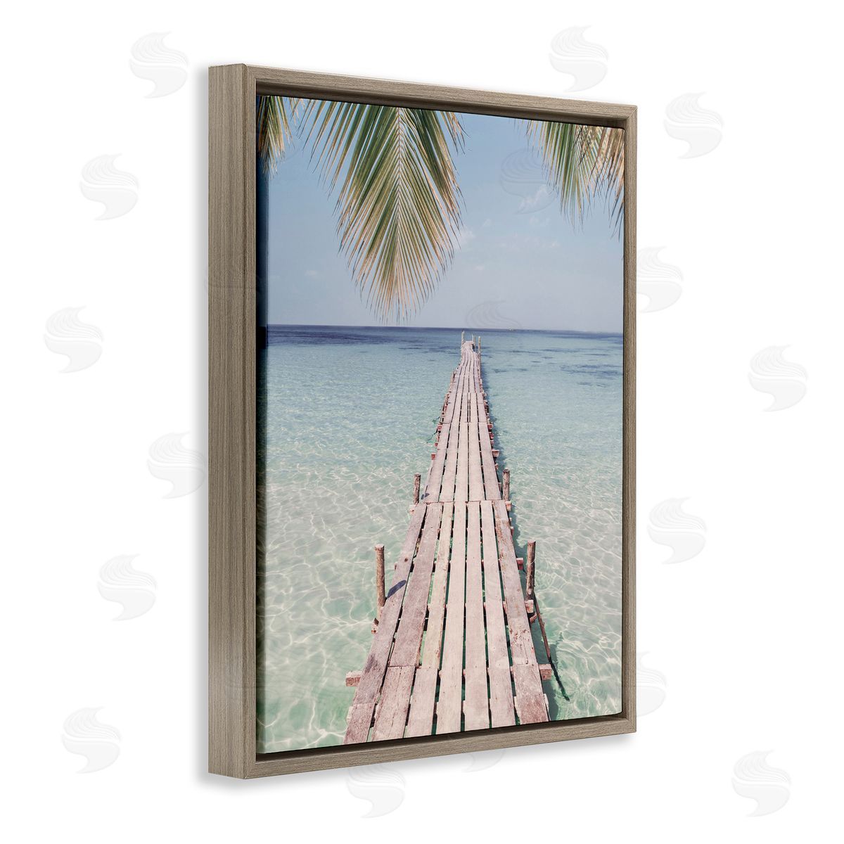 Tropical Dock on Beach Brown Floating Frame Canvas Wall Art, Home Decor by Sisi and Seb