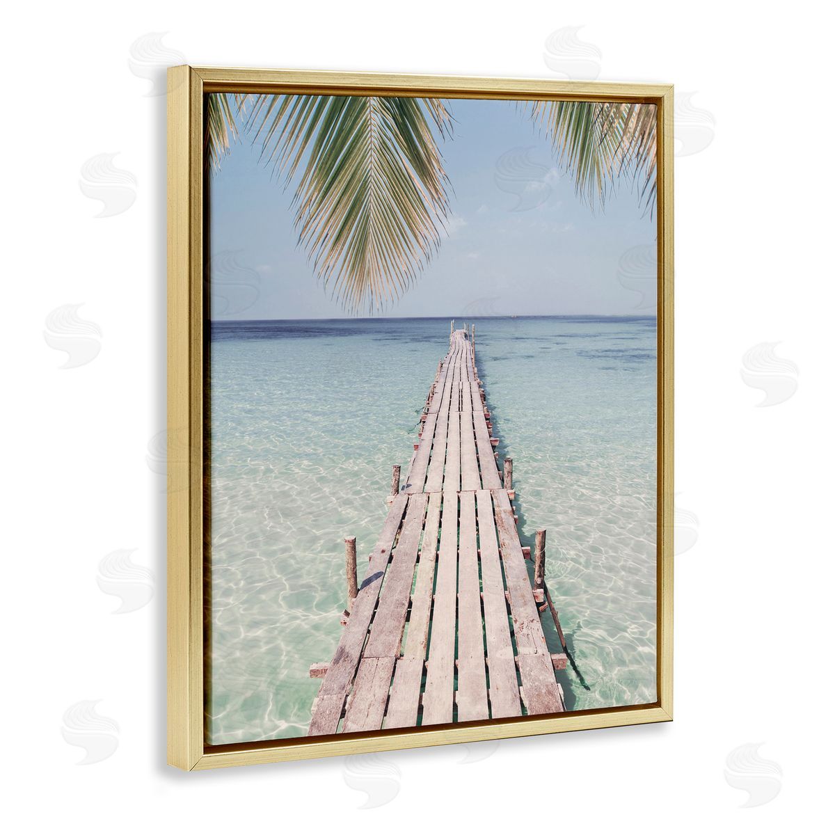 Tropical Dock on Beach Gold Floating Frame Canvas Wall Art, Home Decor by Sisi and Seb