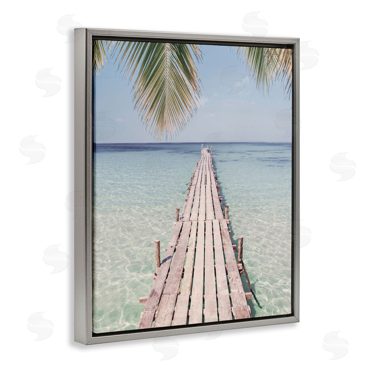 Tropical Dock on Beach Grey Floating Frame Canvas Wall Art, Home Decor by Sisi and Seb