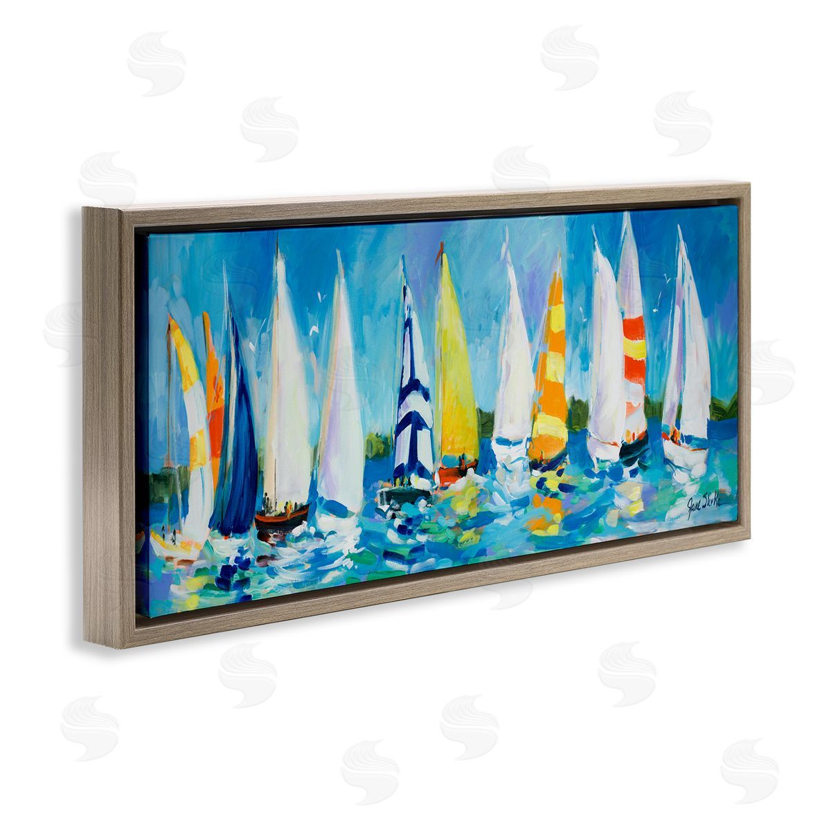 Regatta Sailboat Fleet Brown Floating Frame Canvas Wall Art, Home Decor by Jane Slivka