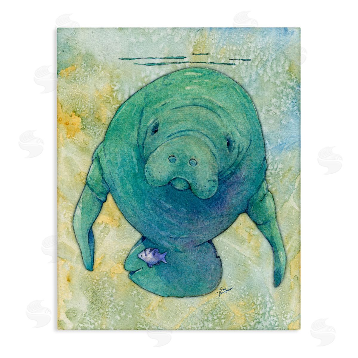 Green Manatee Underwater Canvas Wall Art, Home Decor by Steve Vanderbosch