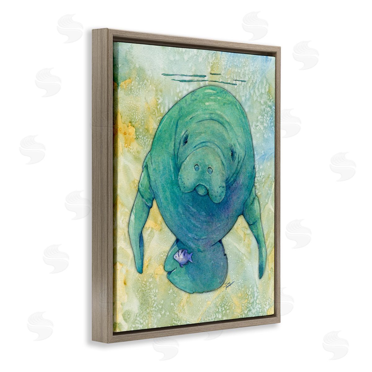 Green Manatee Underwater Brown Floating Frame Canvas Wall Art, Home Decor by Steve Vanderbosch