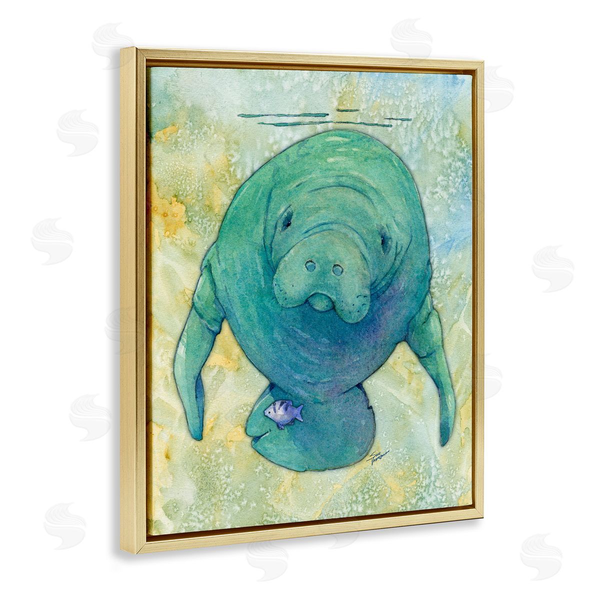 Green Manatee Underwater Gold Floating Frame Canvas Wall Art, Home Decor by Steve Vanderbosch