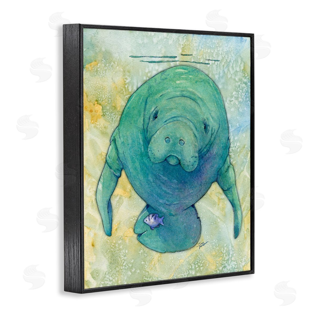 Green Manatee Underwater Black Frame Print Wall Art, Home Decor by Steve Vanderbosch