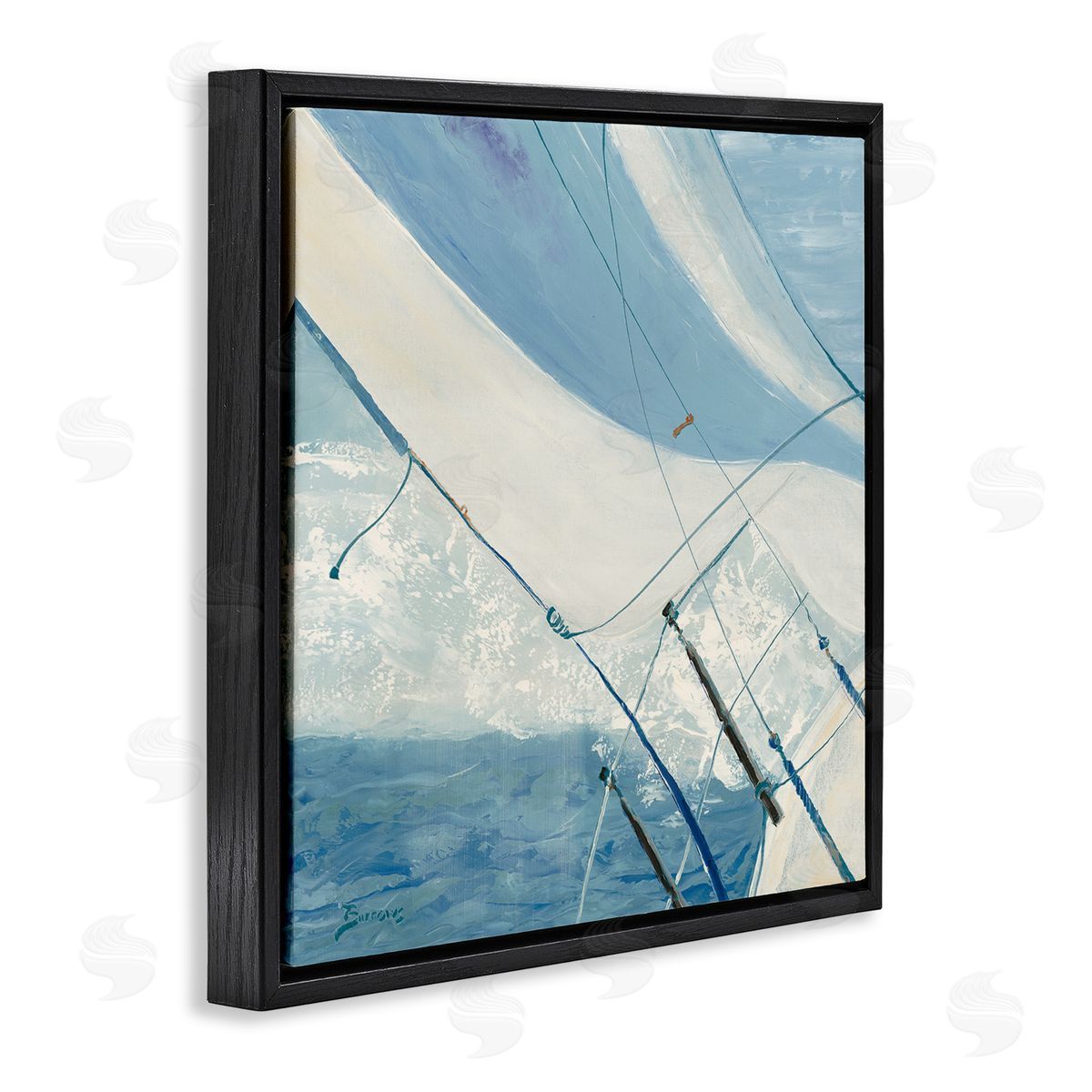 John Burrows Sailboat Splashing Waves Black Floating Frame Canvas Wall Art Print
