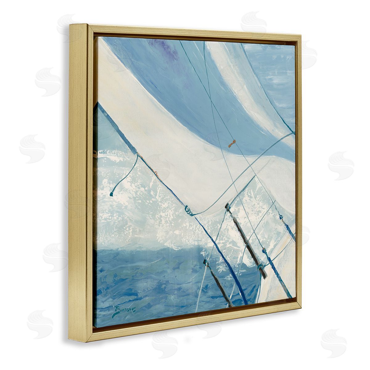 John Burrows Sailboat Splashing Waves Gold Floating Frame Canvas Wall Art Print