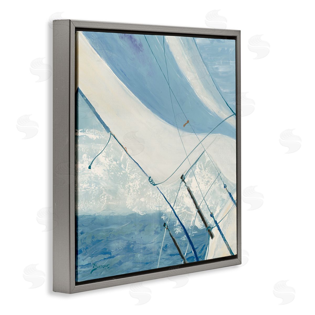 John Burrows Sailboat Splashing Waves Gray Floating Frame Canvas Wall Art Print