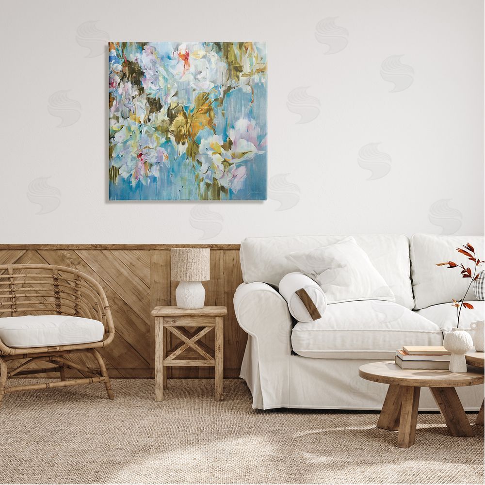 Liz Jardine Abstract Blossoms on Blue Canvas Wall Art in Room