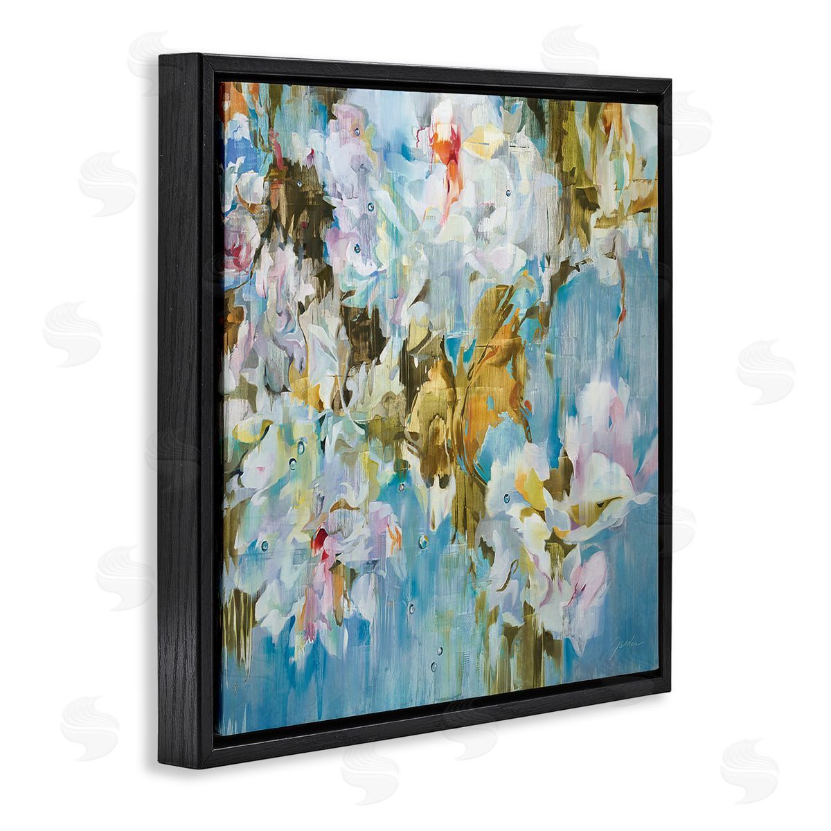 Liz Jardine Abstract Blossoms on Blue Black Floating Frame Canvas Wall Art Print