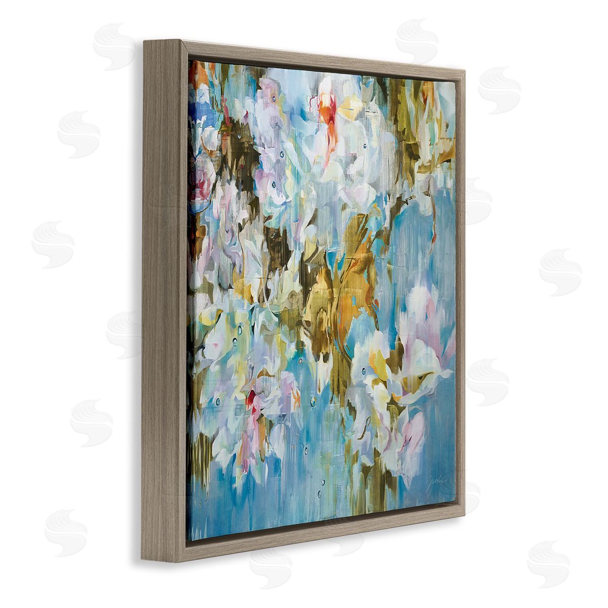 Liz Jardine Abstract Blossoms on Blue Brown Floating Frame Canvas Wall Art Print