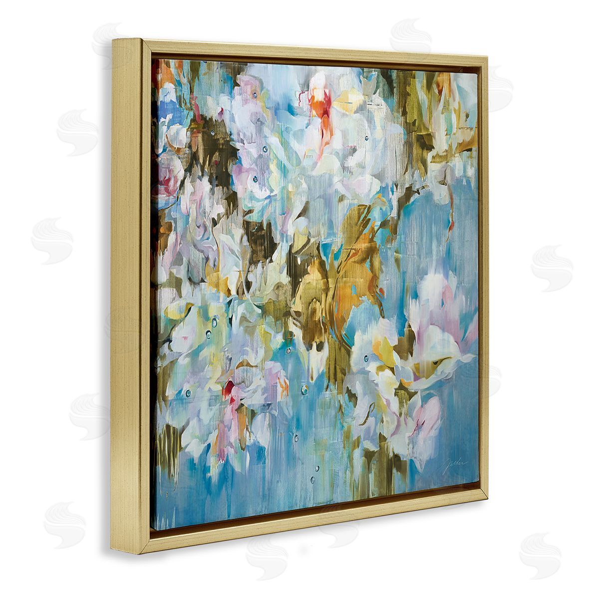 Liz Jardine Abstract Blossoms on Blue Gold Floating Frame Canvas Wall Art Print