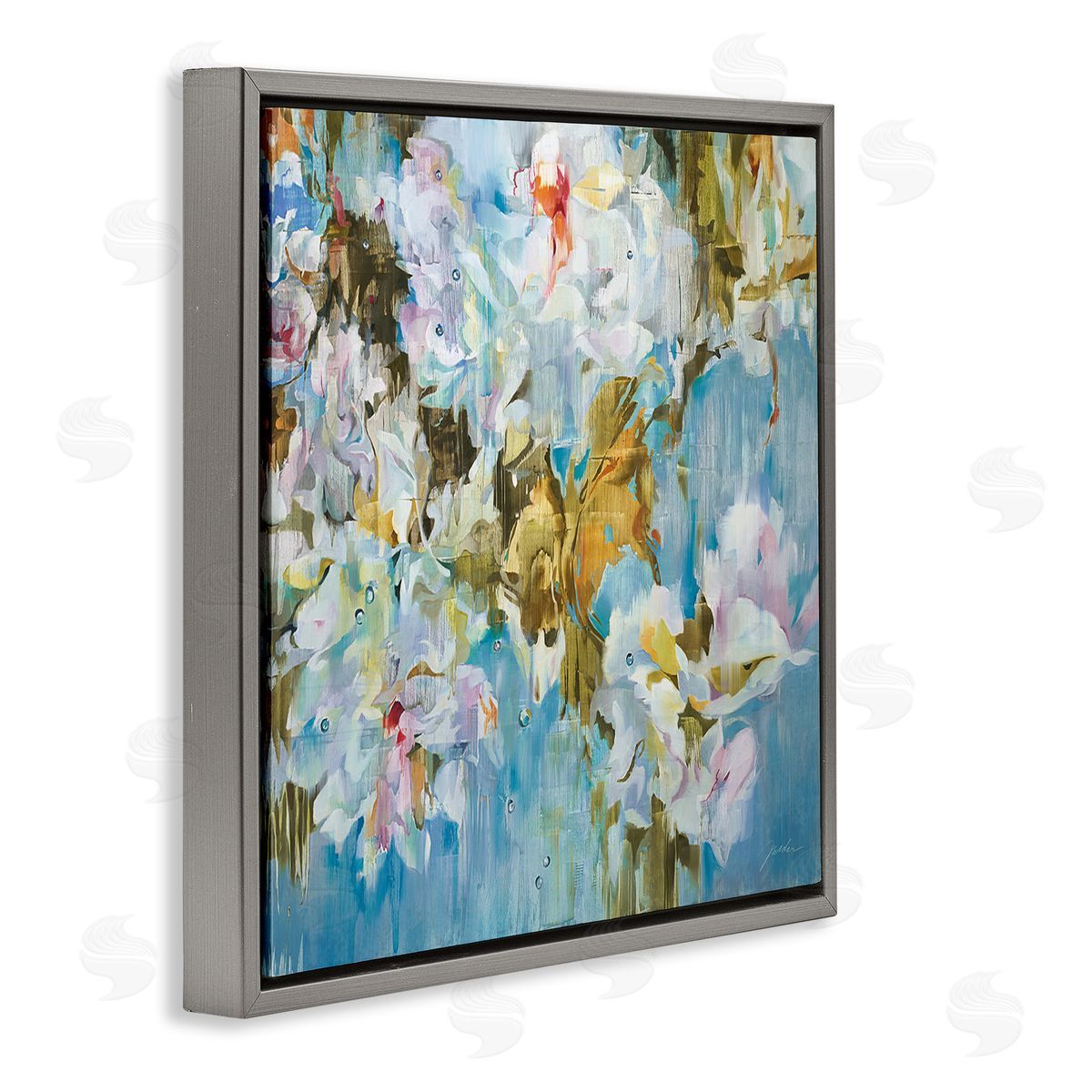 Liz Jardine Abstract Blossoms on Blue Gray Floating Frame Canvas Wall Art Print