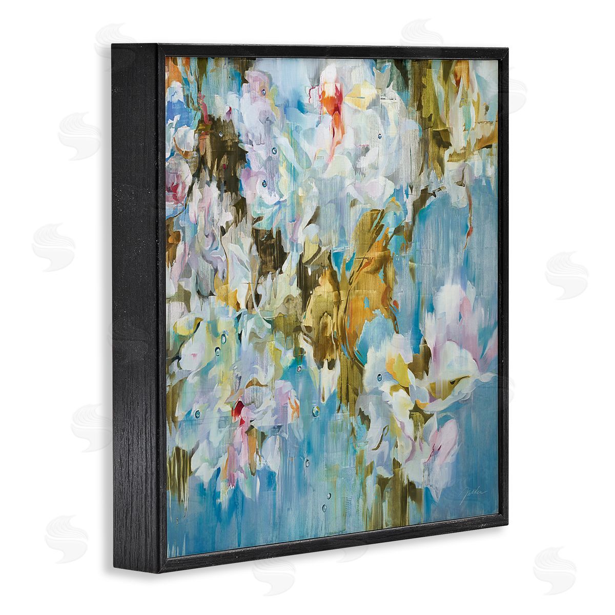 Liz Jardine Abstract Blossoms on Blue Black Framed Glicee Wall Art Print