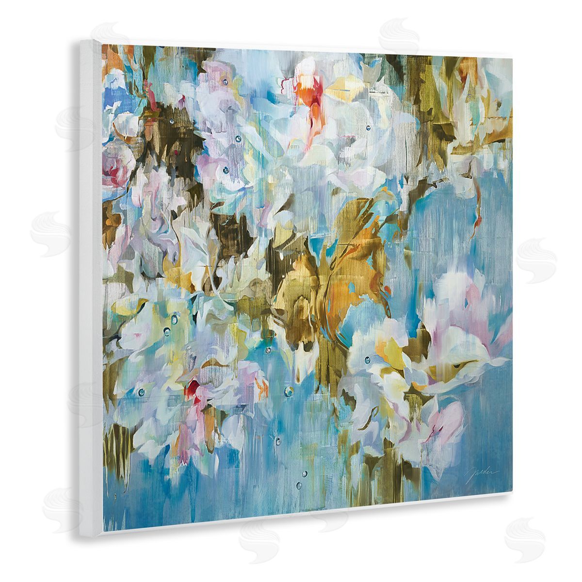 Liz Jardine Abstract Blossoms on Blue Wooden Wall Plaque Art Print