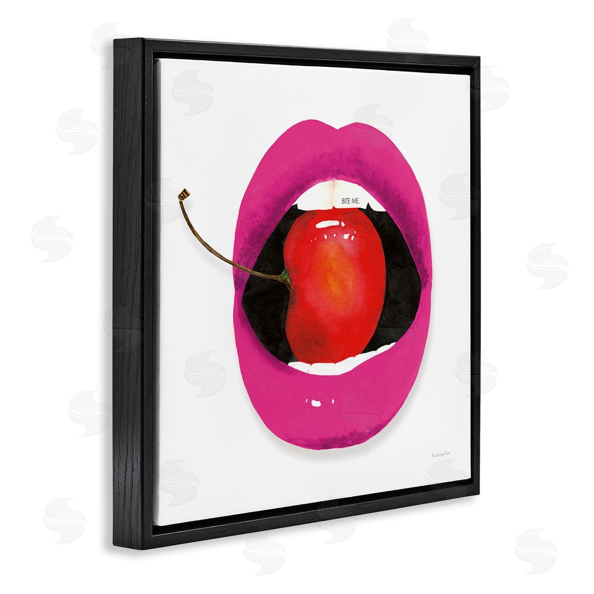 Mercedes Lopez Charro Biting Cherry Lips Black Floating Frame Canvas Wall Art Print