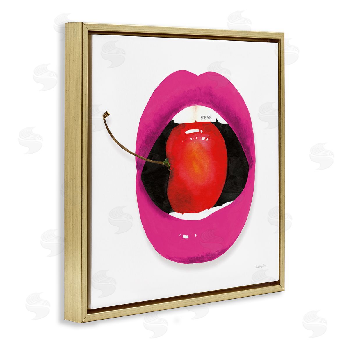Mercedes Lopez Charro Biting Cherry Lips Gold Floating Frame Canvas Wall Art Print