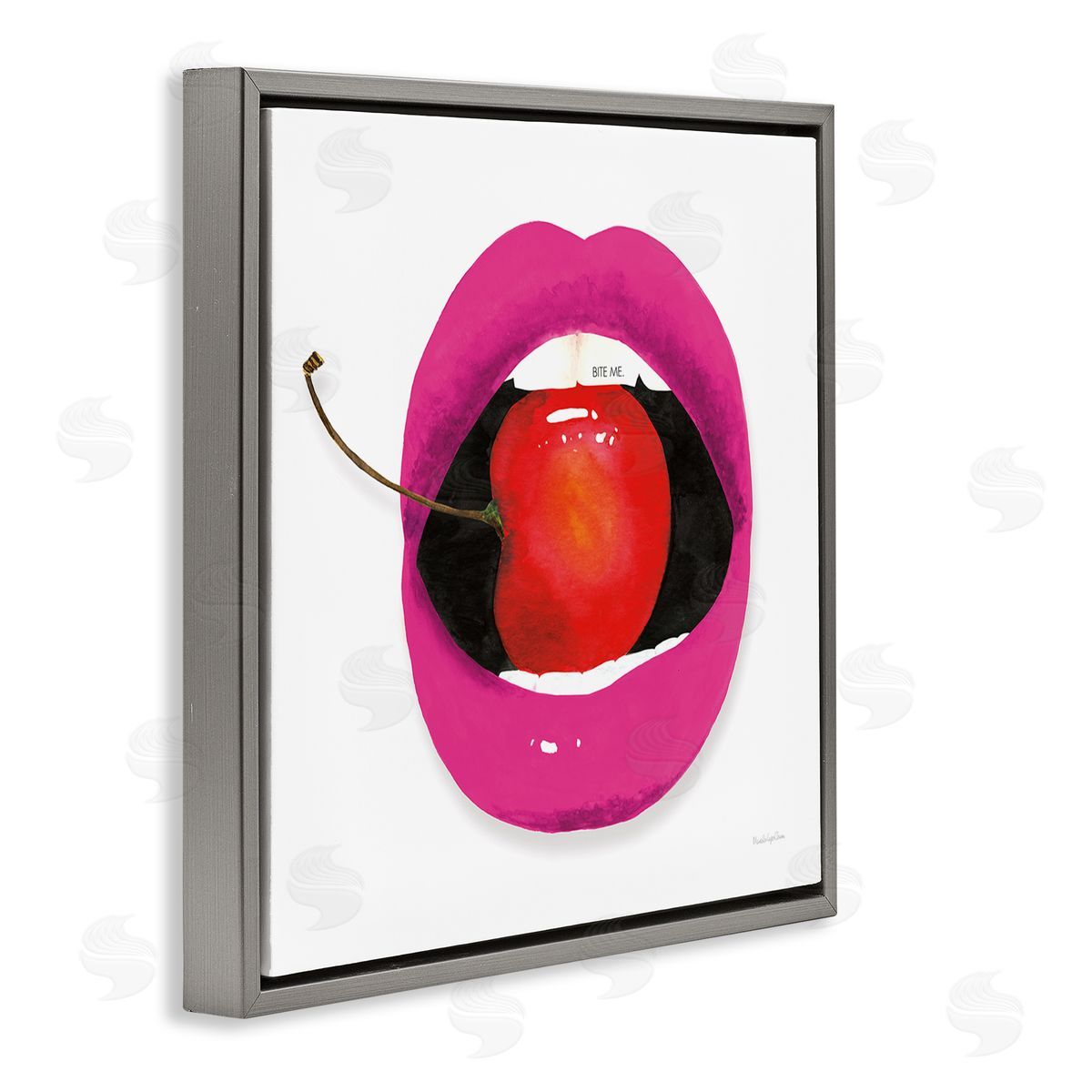 Mercedes Lopez Charro Biting Cherry Lips Gray Floating Frame Canvas Wall Art Print