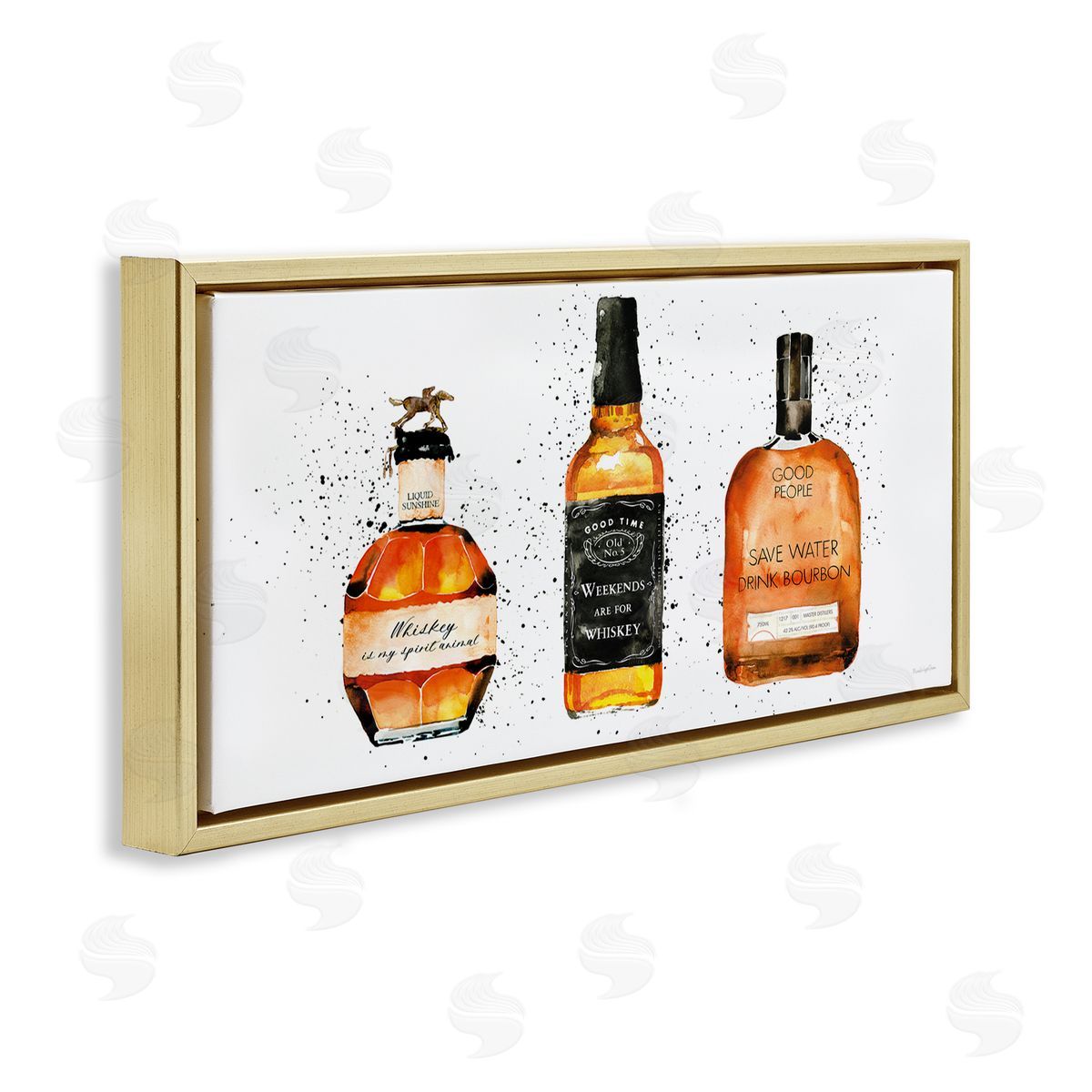 Funny Phrases Whiskey Bottles Gold Floating Frame Canvas Wall Art, Home Decor by Mercedes Lopez Charro