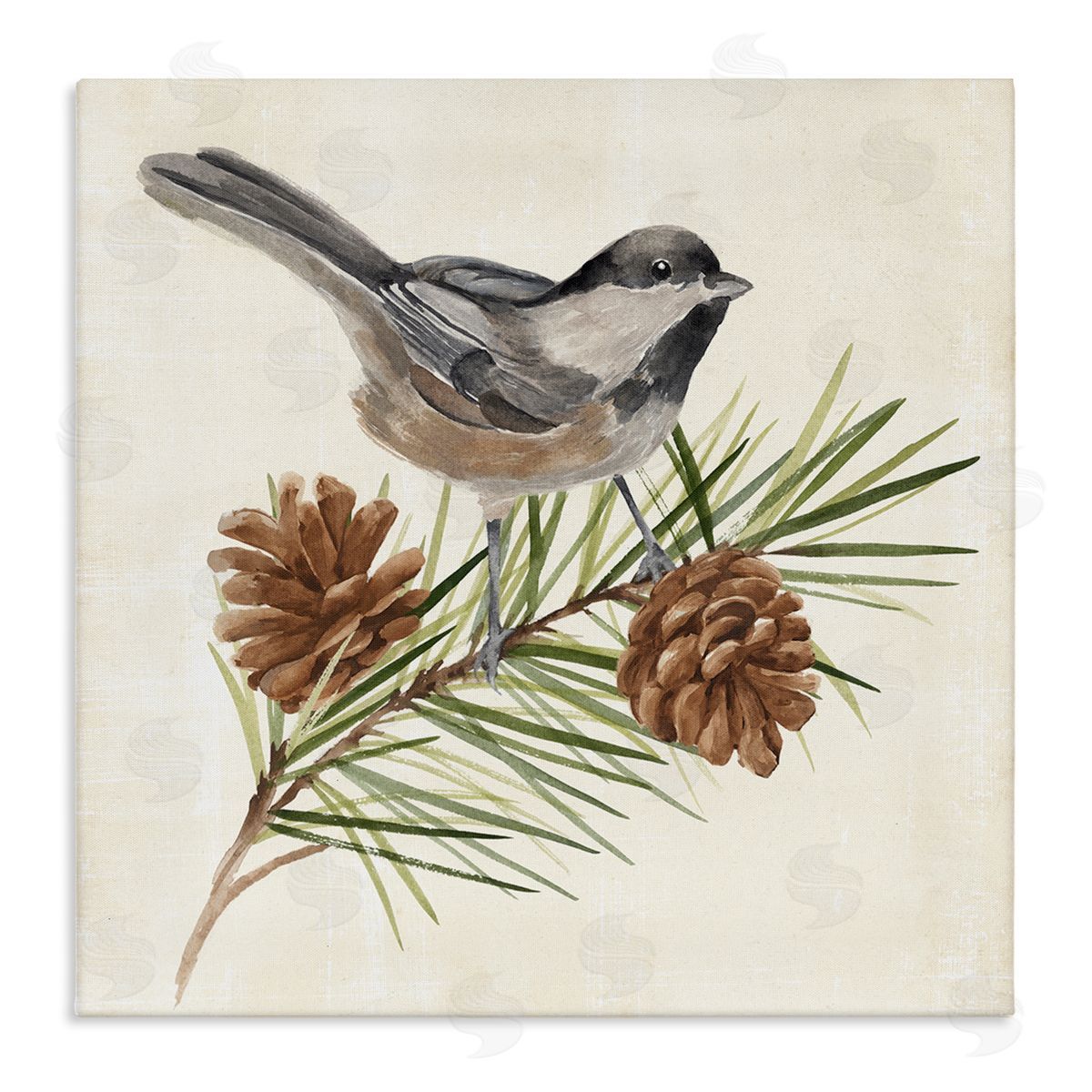 Annie Warren Bird Perched on Pine Stretched Canvas Wall Art Print