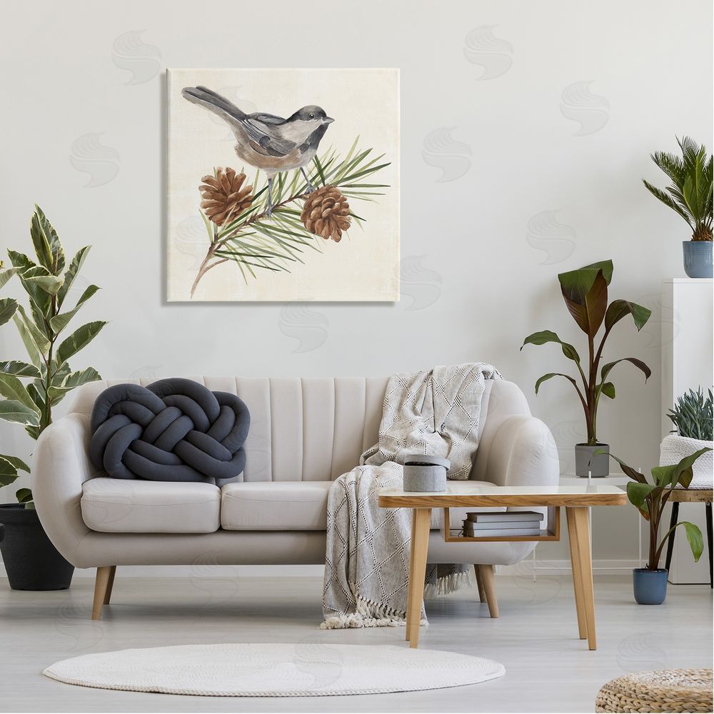 Annie Warren Bird Perched on Pine Canvas Wall Art in Room