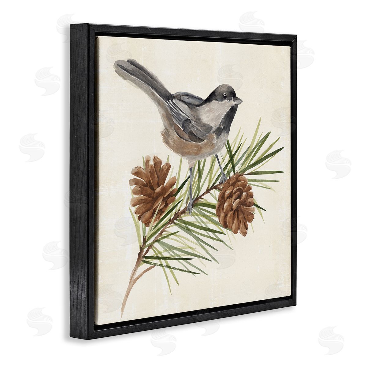 Annie Warren Bird Perched on Pine Black Floating Frame Canvas Wall Art Print