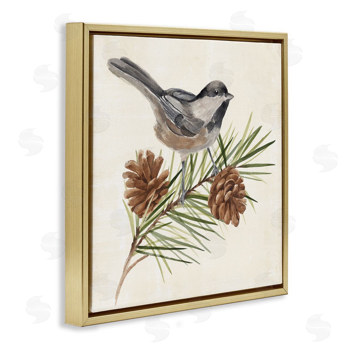 Annie Warren Bird Perched on Pine Gold Floating Frame Canvas Wall Art Print