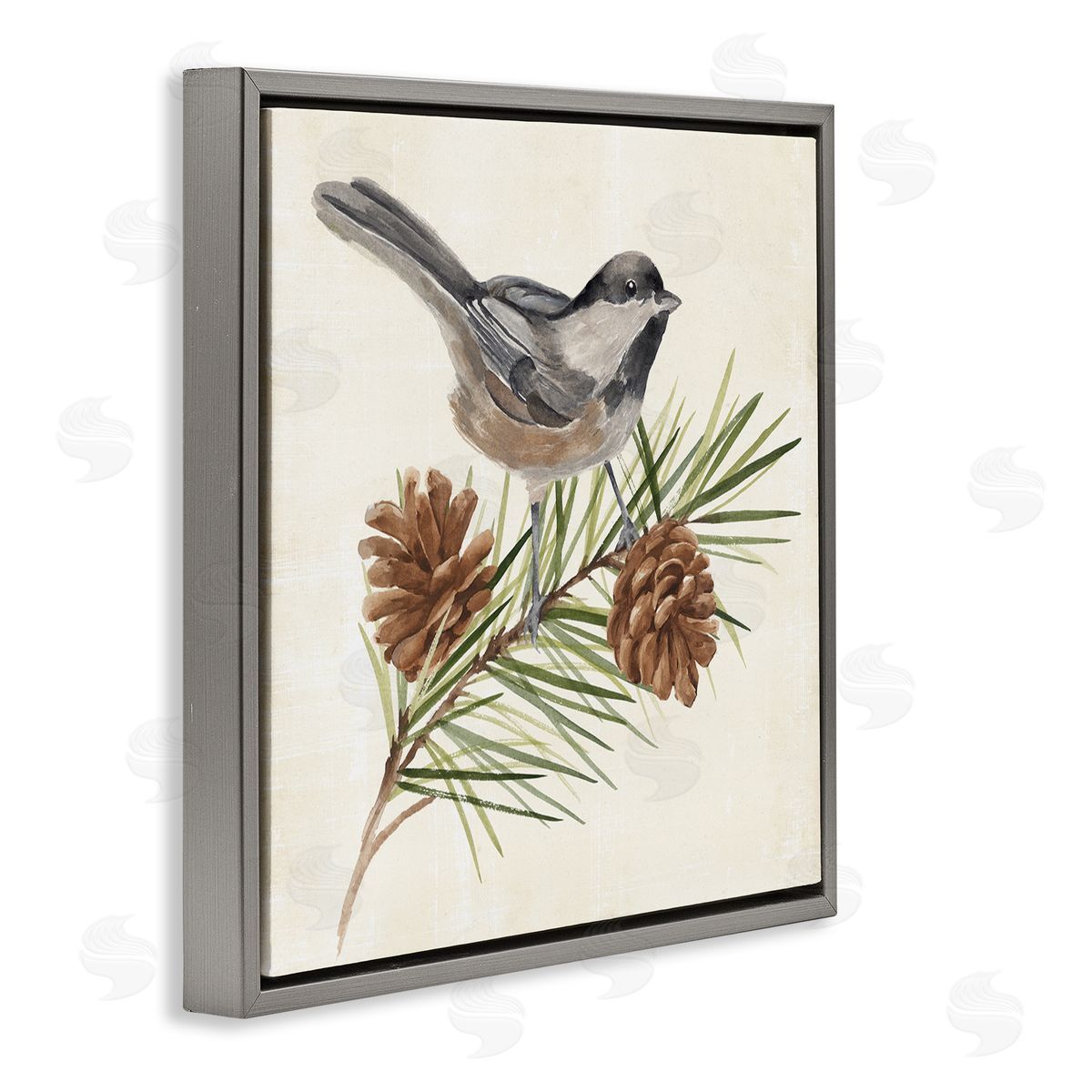 Annie Warren Bird Perched on Pine Gray Floating Frame Canvas Wall Art Print