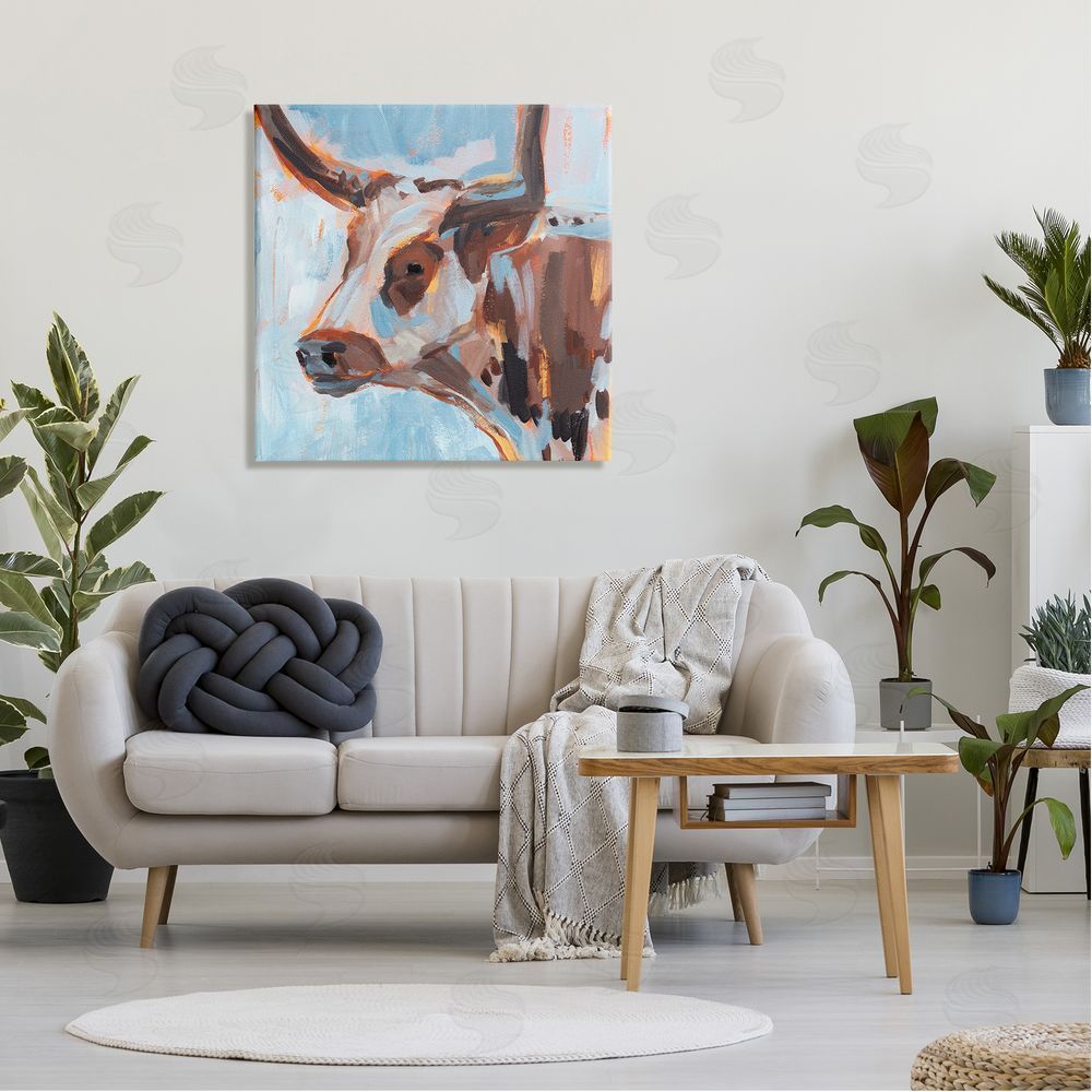 Annie Warren Abstract Blue Longhorn Canvas Wall Art in Room
