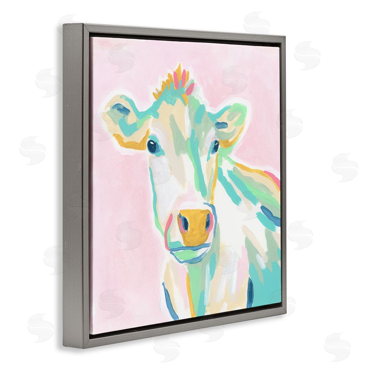 June Erica Vess Pastel Cow Painting Gray Floating Frame Canvas Wall Art Print