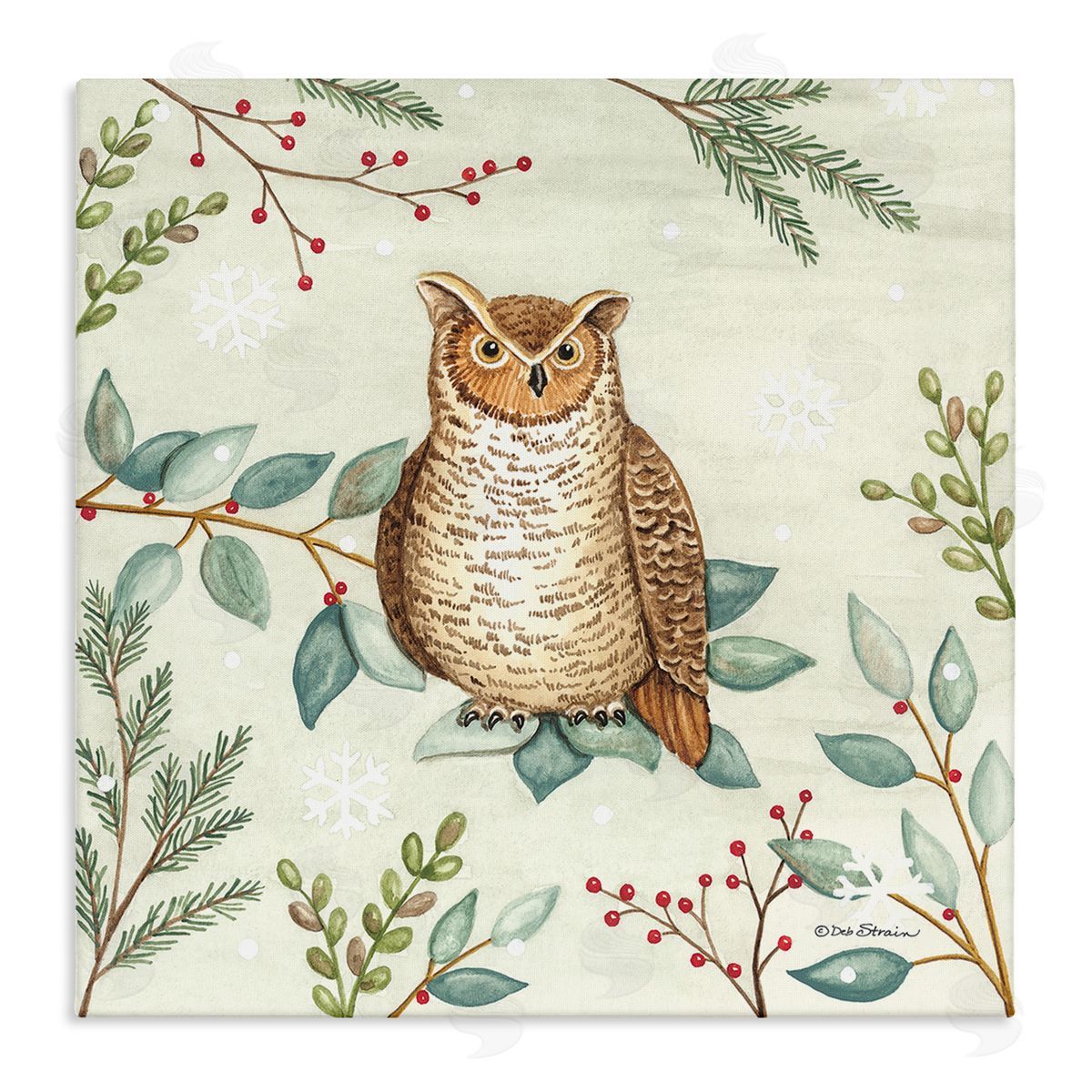 Deb Strain Owl in Woodland Winter Stretched Canvas Wall Art Print
