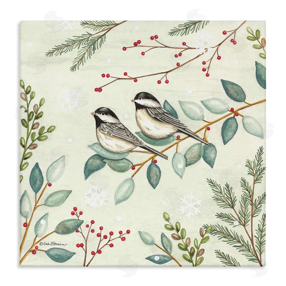 Deb Strain Birds on Holiday Branches Stretched Canvas Wall Art Print