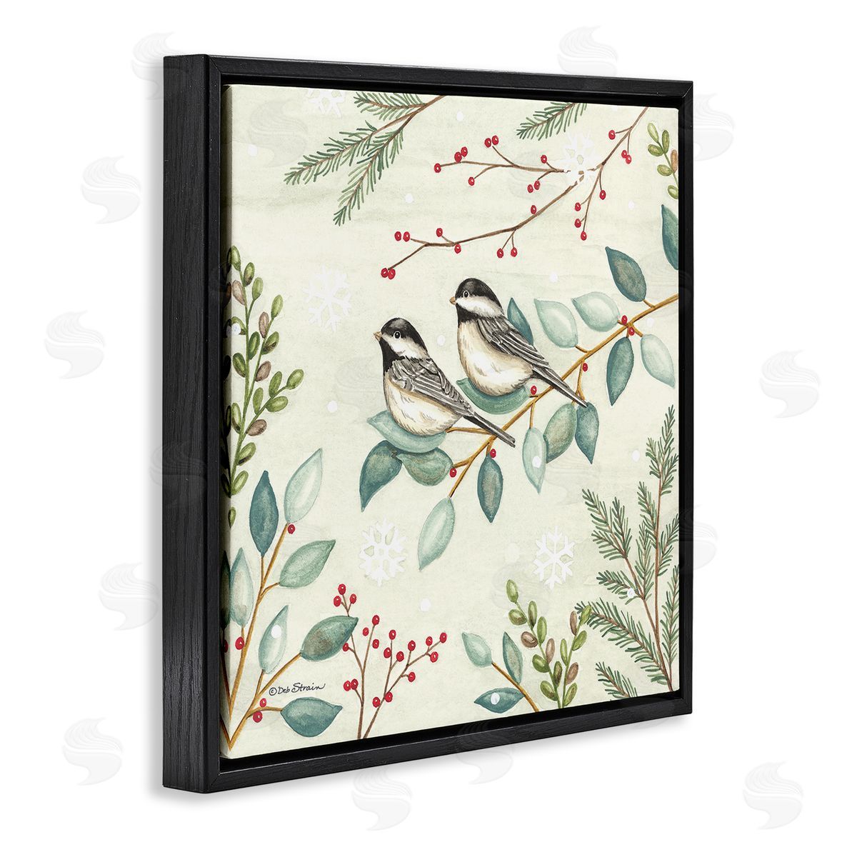 Deb Strain Birds on Holiday Branches Black Floating Frame Canvas Wall Art Print