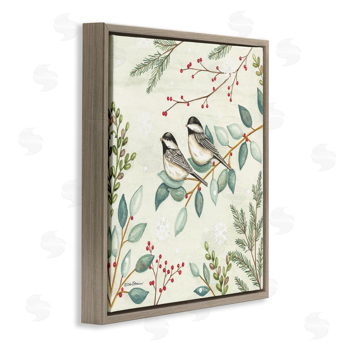 Deb Strain Birds on Holiday Branches Brown Floating Frame Canvas Wall Art Print