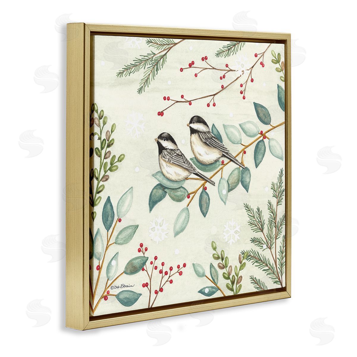 Deb Strain Birds on Holiday Branches Gold Floating Frame Canvas Wall Art Print