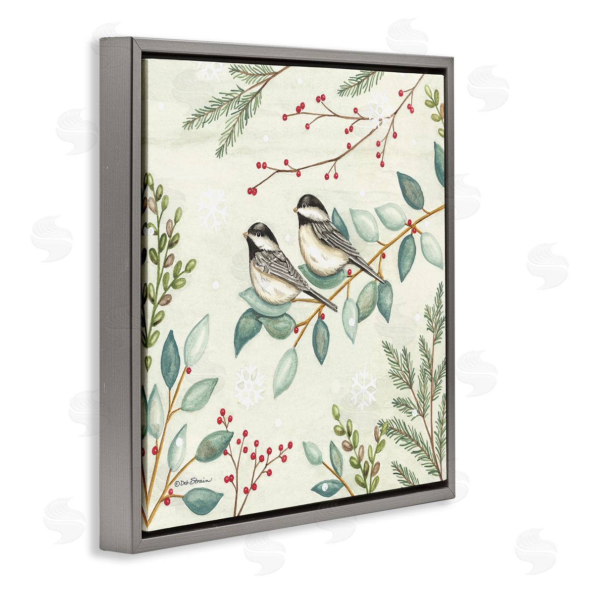 Deb Strain Birds on Holiday Branches Gray Floating Frame Canvas Wall Art Print