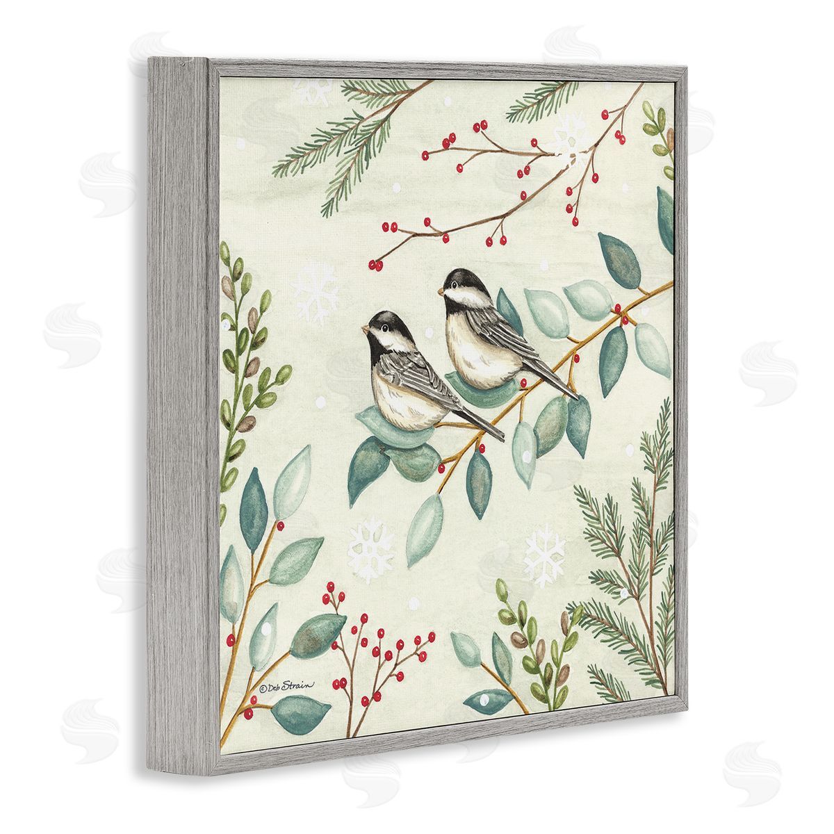 Deb Strain Birds on Holiday Branches Gray Framed Glicee Wall Art Print