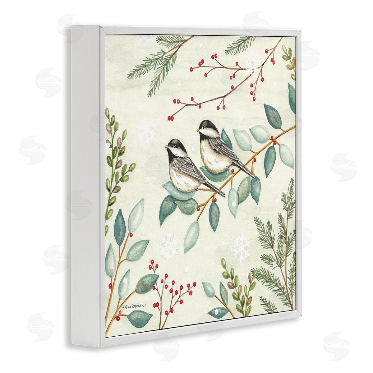 Deb Strain Birds on Holiday Branches White Framed Glicee Wall Art Print