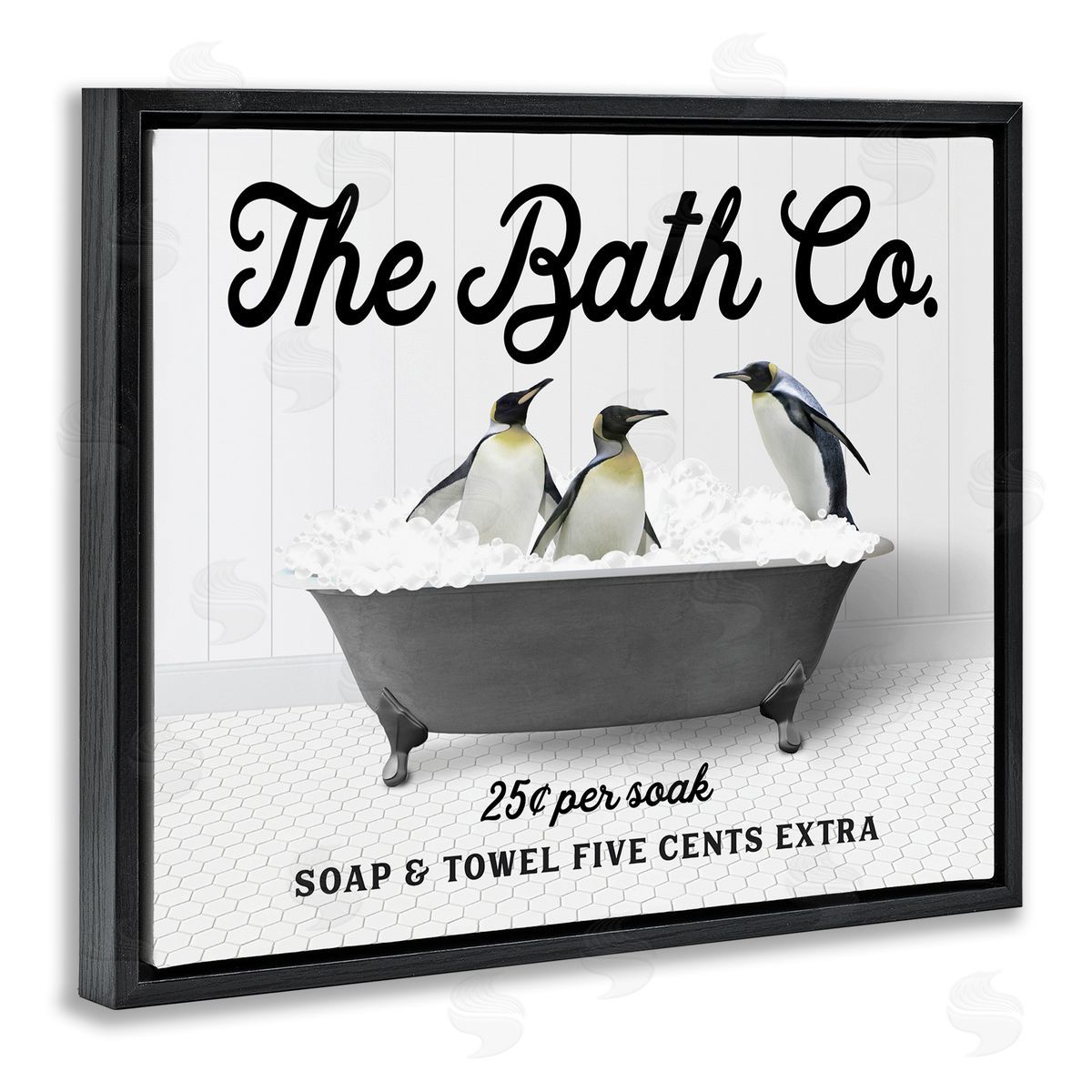 Penguins in Vintage Tub Black Floating Frame Canvas Wall Art, Home Decor by Lettered and Lined