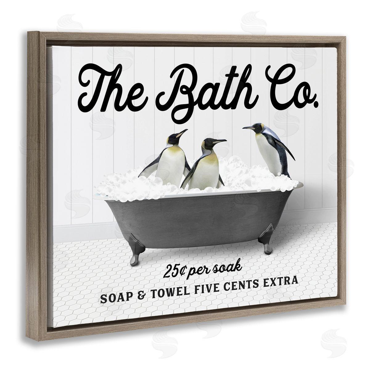 Penguins in Vintage Tub Brown Floating Frame Canvas Wall Art, Home Decor by Lettered and Lined
