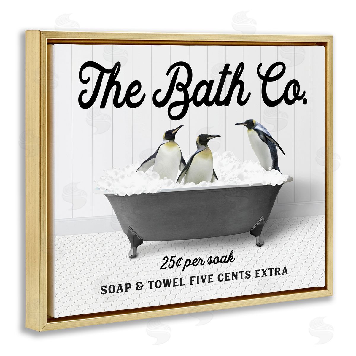 Penguins in Vintage Tub Gold Floating Frame Canvas Wall Art, Home Decor by Lettered and Lined