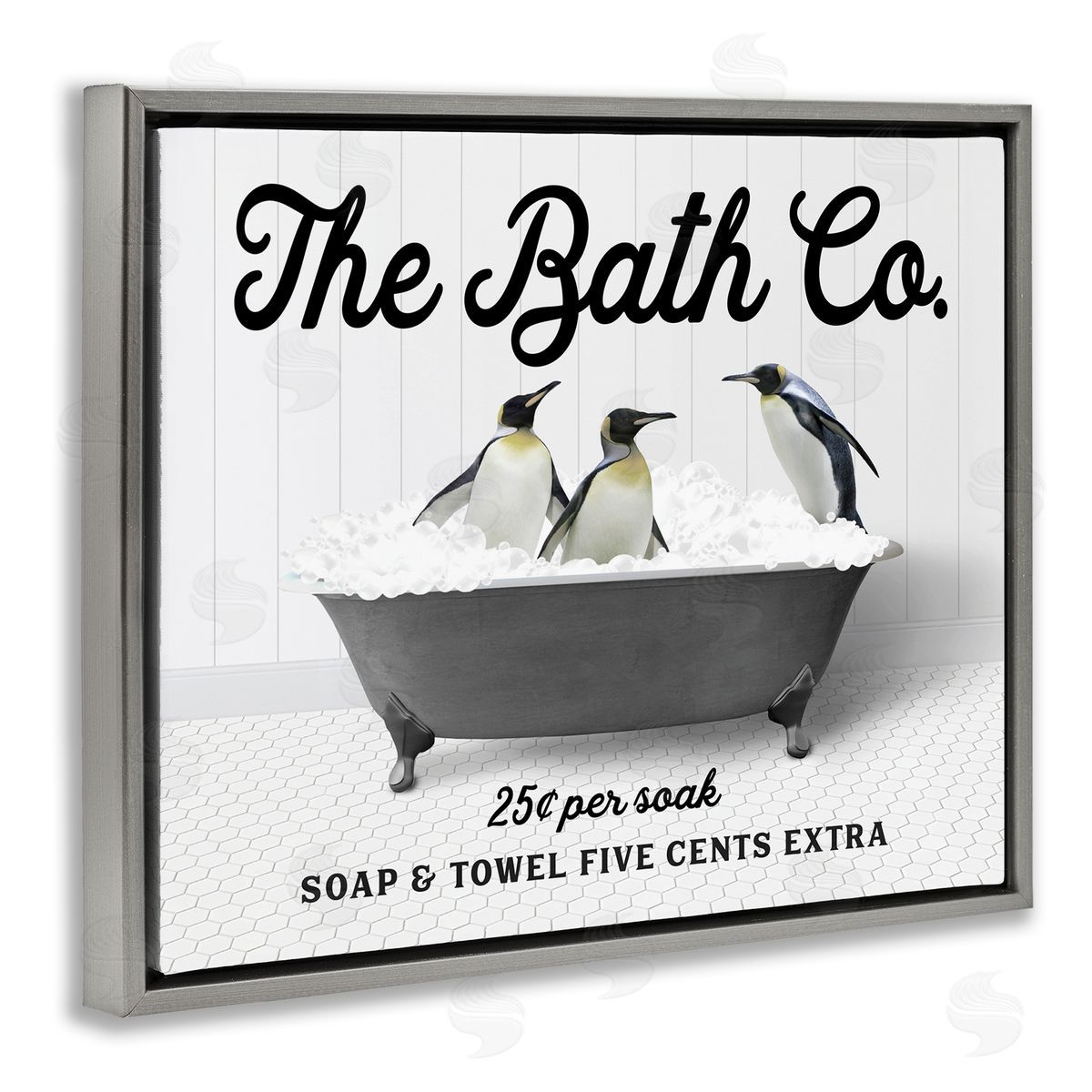 Penguins in Vintage Tub Grey Floating Frame Canvas Wall Art, Home Decor by Lettered and Lined