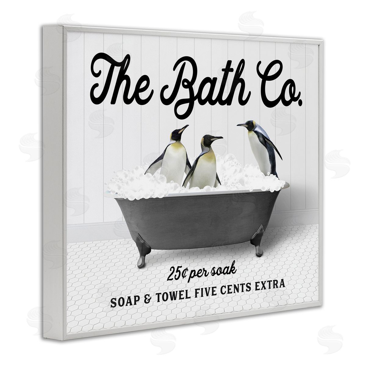 Penguins in Vintage Tub White Frame Print Wall Art, Home Decor by Lettered and Lined