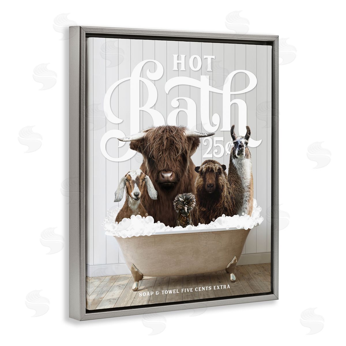 Farm Animals in Bath Grey Floating Frame Canvas Wall Art, Home Decor by Lettered and Lined
