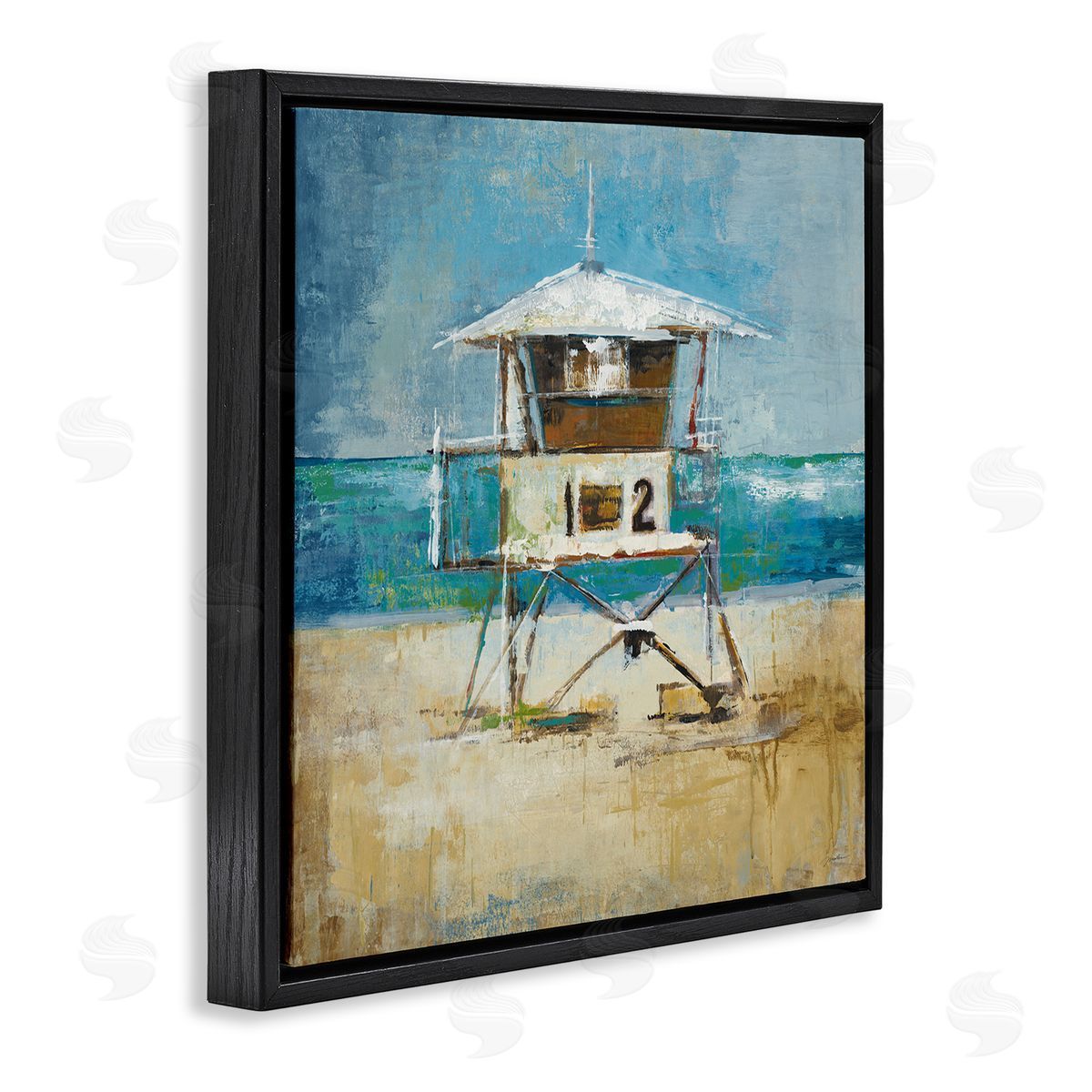 Liz Jardine Beach Hut Painting Black Floating Frame Canvas Wall Art Print