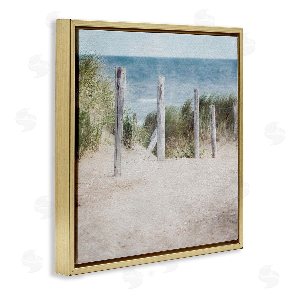 LSR Design Studio Beach Fence Landscape Gold Floating Frame Canvas Wall Art Print