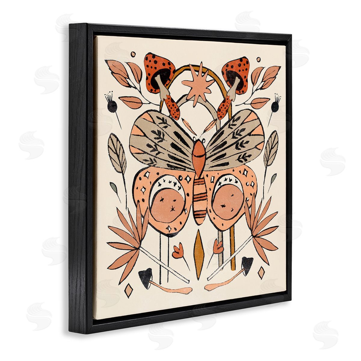Melissa Wang Moth & Herbs Pattern Black Floating Frame Canvas Wall Art Print