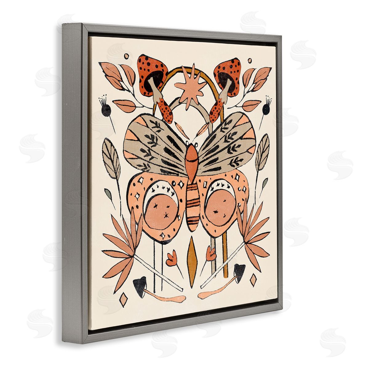 Melissa Wang Moth & Herbs Pattern Gray Floating Frame Canvas Wall Art Print