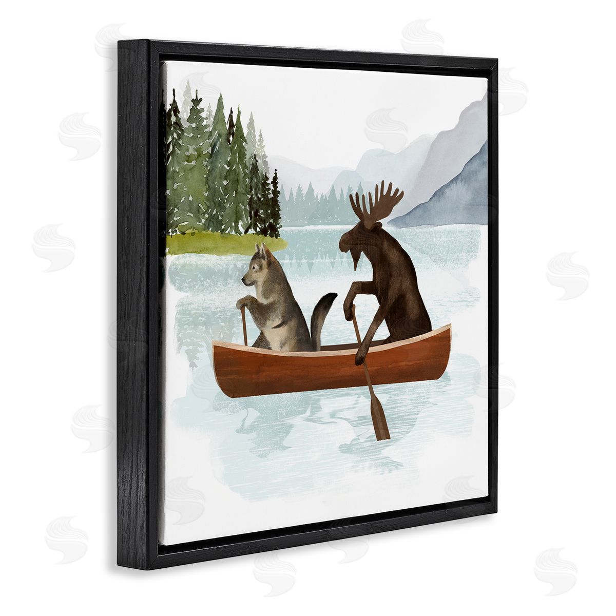 Victoria Barnes Animals on Canoe Black Floating Frame Canvas Wall Art Print