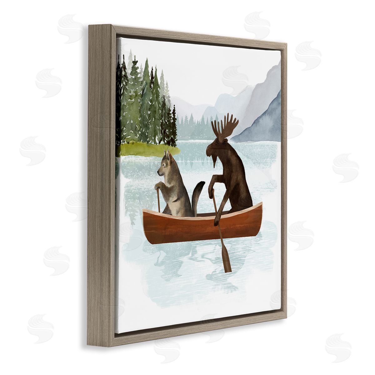 Victoria Barnes Animals on Canoe Brown Floating Frame Canvas Wall Art Print